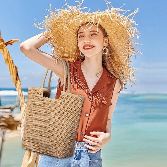 Straw Beach Bags, Women Summer Woven Tote Bag Large Boho Shoulder Handbags - Picture 2 of 6